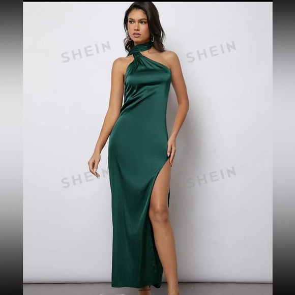 Emerald green one shoulder side slit dress - Picture 3 of 5